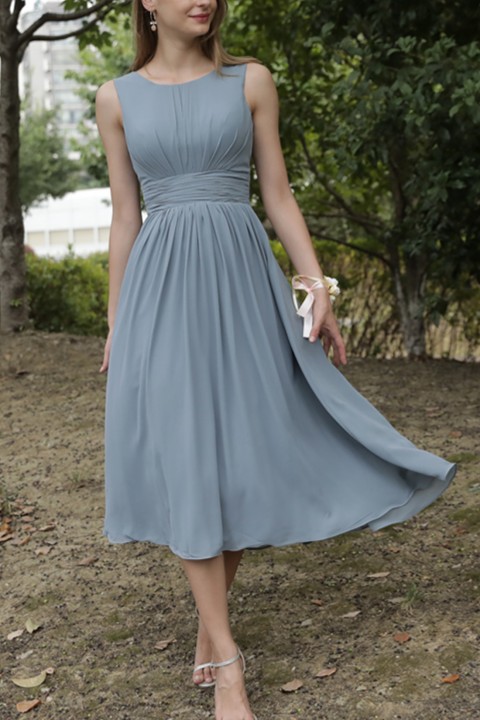 Sleeveless Round Neck Ruched Keyhole Back Chiffon Bridesmaid Dress