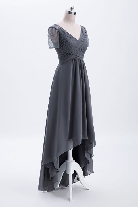 Criss Pleated V-neck High-low Chiffon Bridesmaid Dress with Illusion Sleeves