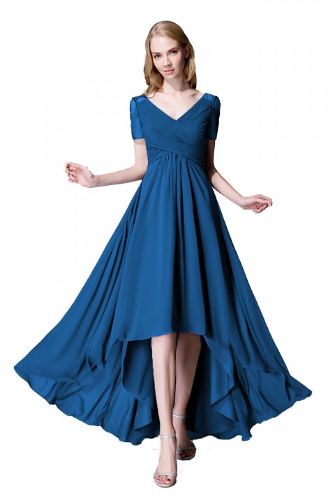 Criss Pleated V-neck High-low Chiffon Bridesmaid Dress with Illusion Sleeves