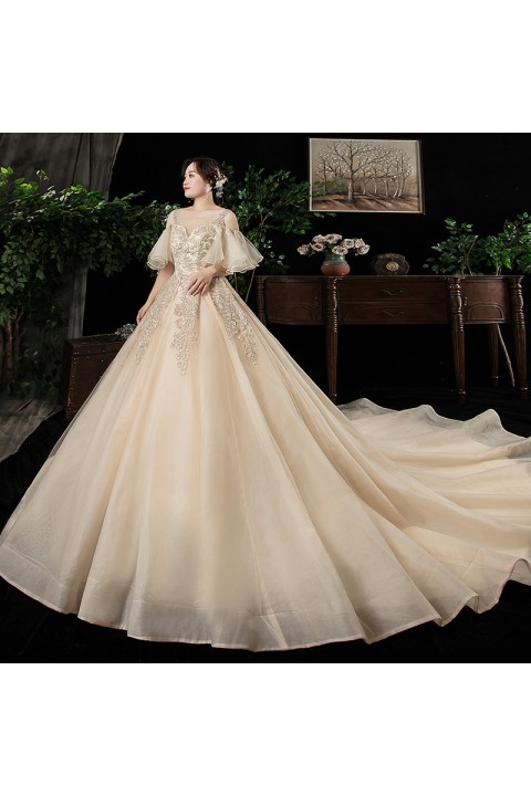 Plus Size 2021 Open Shoulder Deep V Neck Ruffle Sleeves Beaded Flower Tulle Wedding Dress With Long Train