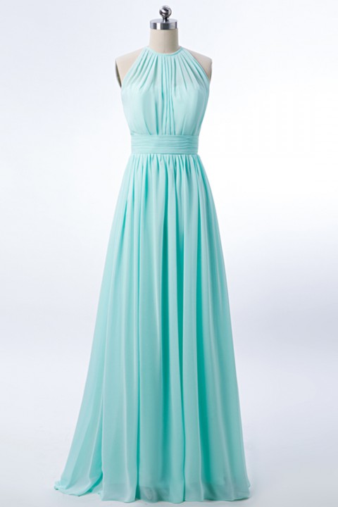 Spaghetti Straps Illusion Halter Bridesmaid Dress with Sash