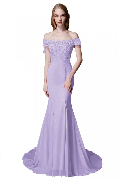 Elegant Mermaid Off Shoulder Chiffon Lace Straight Bridesmaid Dress with Train