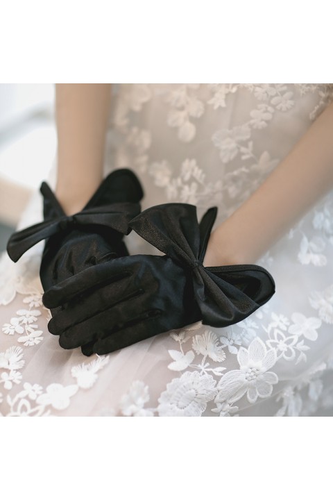 White Big Bow Decor Bright Satin Wedding Bridal Gloves