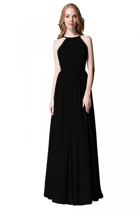 Pleated A-Line Halter Spaghetti-Straps Back Chiffon Bridesmaid Dress