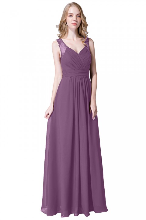 V Neck Illusion Lace Straps Keyhole Back Chiffon Ruched Bridesmaid Dress