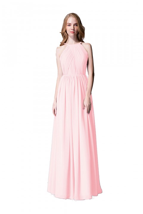 Pleated A-Line Halter Spaghetti-Straps Back Chiffon Bridesmaid Dress