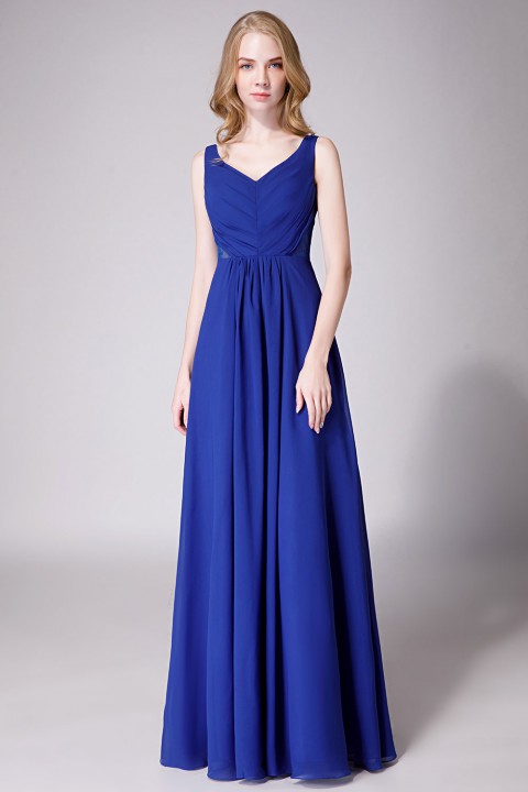 Elegant V-Back Chiffon Tank Bridesmaid Dress with Mesh Lace Inset