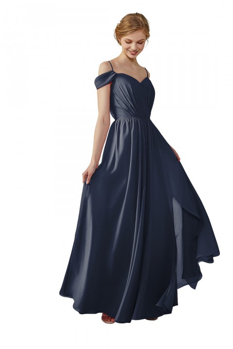 A-Line Cold Shoulder Spaghetti Straps Chiffon Bridesmaid Dress with Side Slit