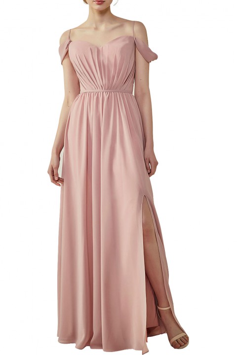 A-Line Cold Shoulder Spaghetti Straps Chiffon Bridesmaid Dress with Side Slit