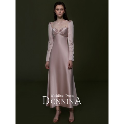 Pink Elegant Sweetheart Neck Long Sleeves Beaded Decor Satin Party Dress