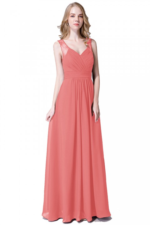 V Neck Illusion Lace Straps Keyhole Back Chiffon Ruched Bridesmaid Dress