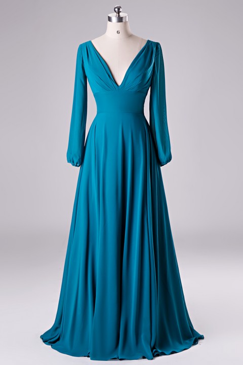 Deep V Neck & Back Long Sleeves Chiffon Bridesmaid Dress