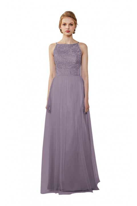 Tulle Lace Illusion Boatneck and Back Bridesmaid Dress with Keyhole 