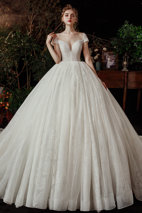 2021 New Deep V Neck Cap Sleeves Beads Fulfilled Design Tulle Wedding Dress With Long Train