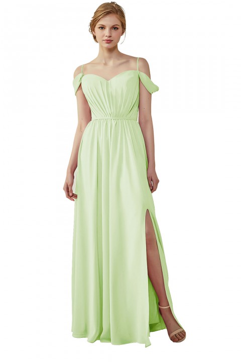 A-Line Cold Shoulder Spaghetti Straps Chiffon Bridesmaid Dress with Side Slit