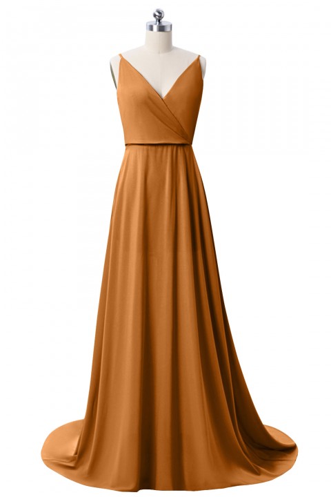 Low V Neck & Back Spaghetti Straps Bridesmaid Dress with Train