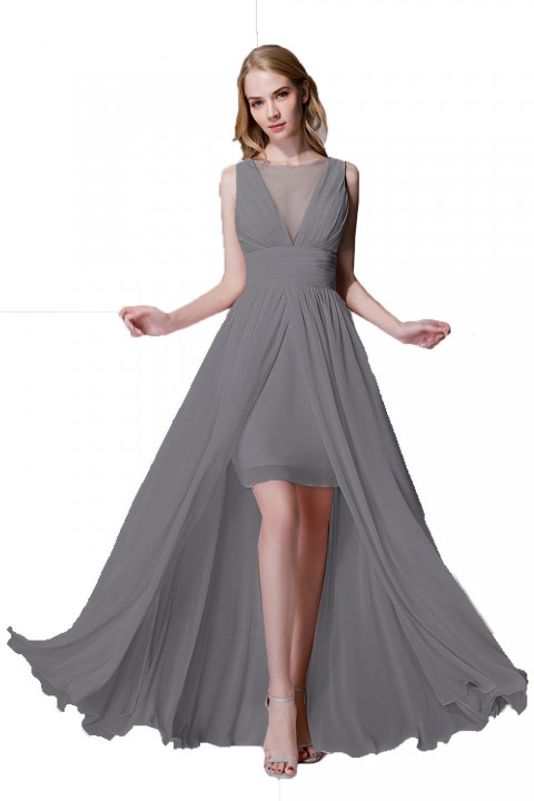 Plunging Illusion Tulle Scoop Neck High Slit Chiffon Bridesmaid Dress