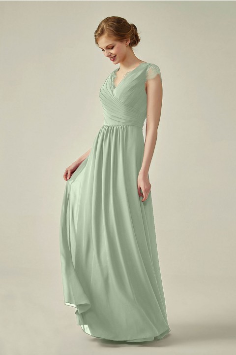 Lace Cap Sleeves  V-Neck Lace Back Closure with Keyhole Bridesmaid Dress