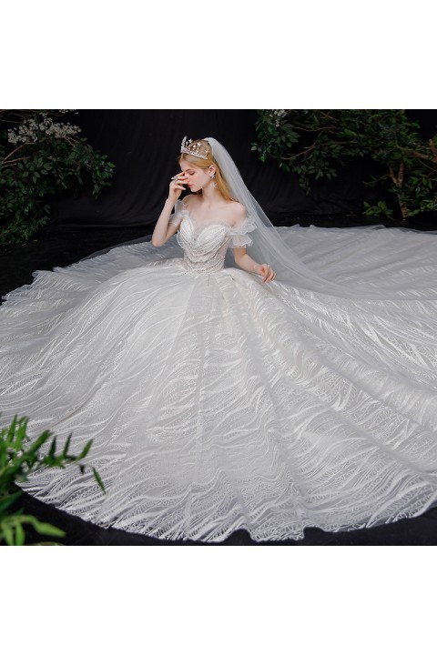 New 2021 Elegant Off Shoulder Beads Decor Embroidered Tulle Wedding Dress With Long Train