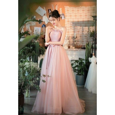 Dusty Pink Tao Yao Off Shoulder Flounce Ruffle Belted Bow Tulle Party Dress