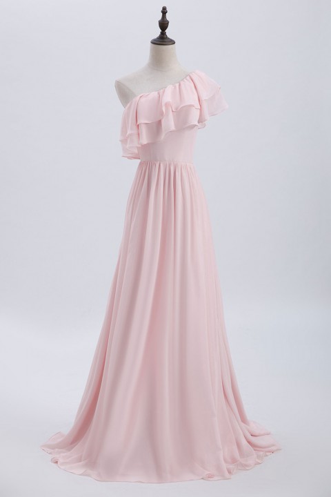 Asymmetrical One-Shoulder Flounce Chiffon Bridesmaid Dress Long