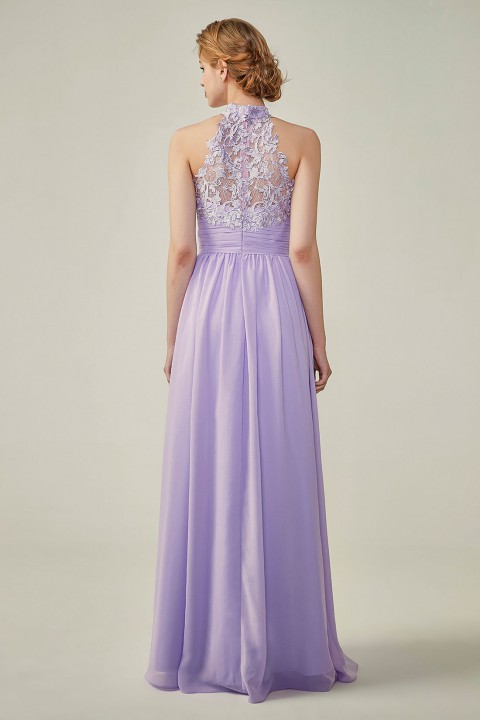 Clearance | Halter Neckline Chiffon Lace Back Halter Bridesmaid Dress with Sash