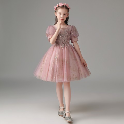 Pink Vintage Round Neck Short Puff Sleeves Beaded & Sequined Flower Shiny Tulle Short Skirt Girls Pageant Dress