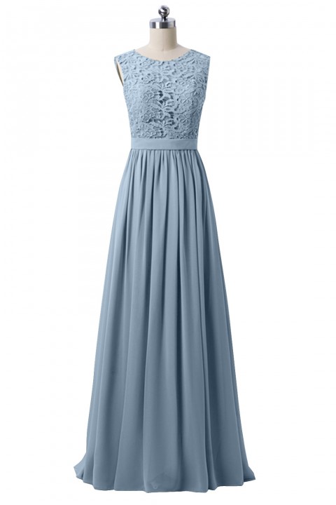 Lace Scoop Illusion Back A-Line Chiffon Bridesmaid Dress Long