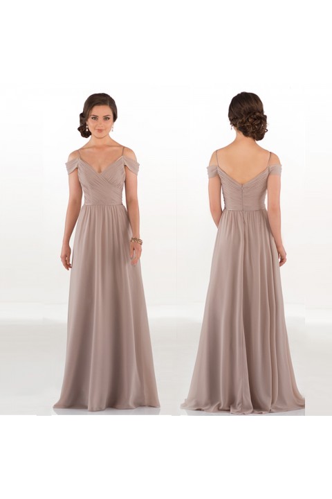 Mauve Cold Shoulder V Neck High Waist Chiffon Bridesmaid Dress