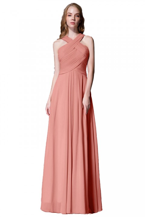 Chic Criss-cross Halter Pleated Chiffon Bridesmaid Dress Long