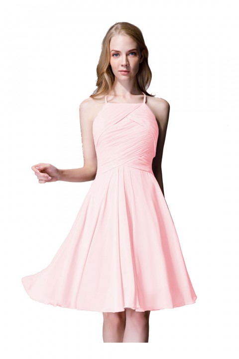 Elegant Halter Tea Length Pleated Chiffon Bridesmaid Dress with Tie Back