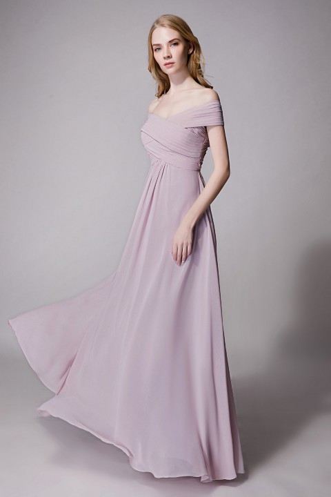 Crisscross Off-the-Shoulder Pleated V-back Bridesmaid Dress Long