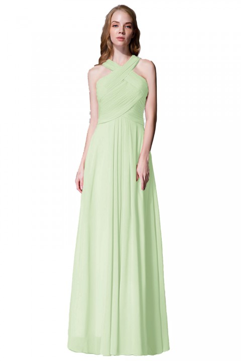 Chic Criss-cross Halter Pleated Chiffon Bridesmaid Dress Long