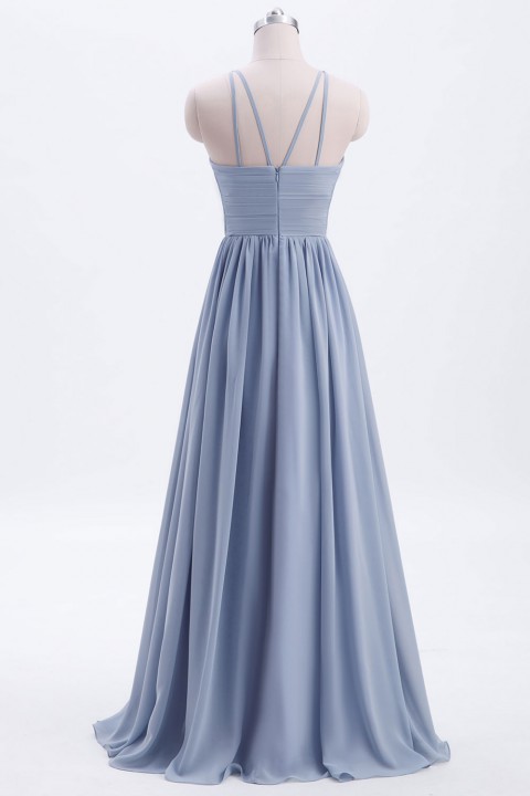 Pleated A-Line Halter Spaghetti-Straps Back Chiffon Bridesmaid Dress