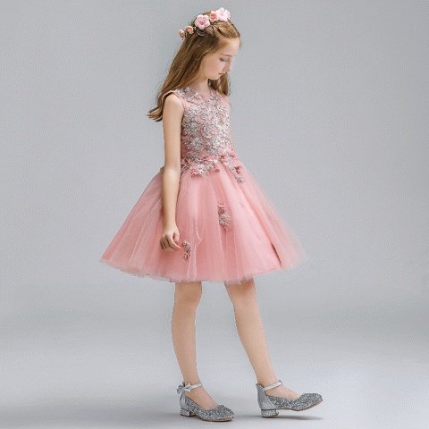 Round Neck Sleeveless Beads Embroidery Decor Tulle Skirt Girls Pageant Dresses