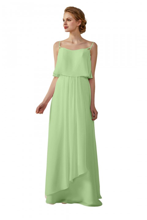 Boho Spaghetti Straps Chiffon V-Back Bridesmaid Dress with Flounce