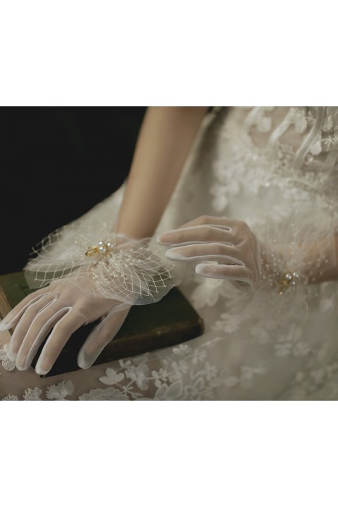 White Pearl Lace Flower Shape Decor Thin Tulle Wedding Bridal Gloves