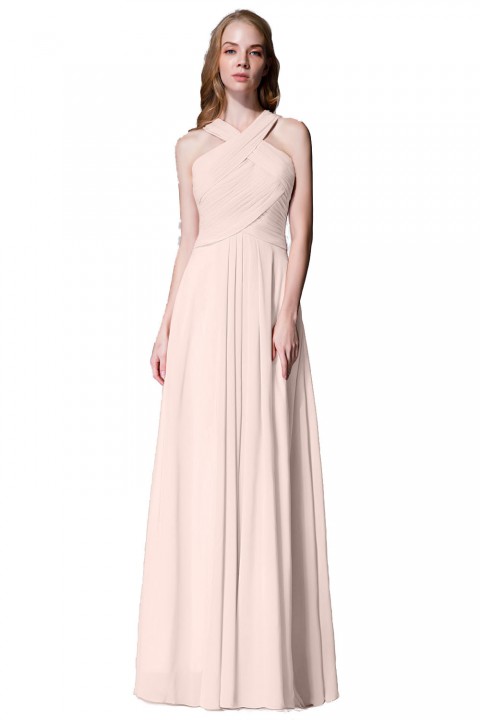 Chic Criss-cross Halter Pleated Chiffon Bridesmaid Dress Long