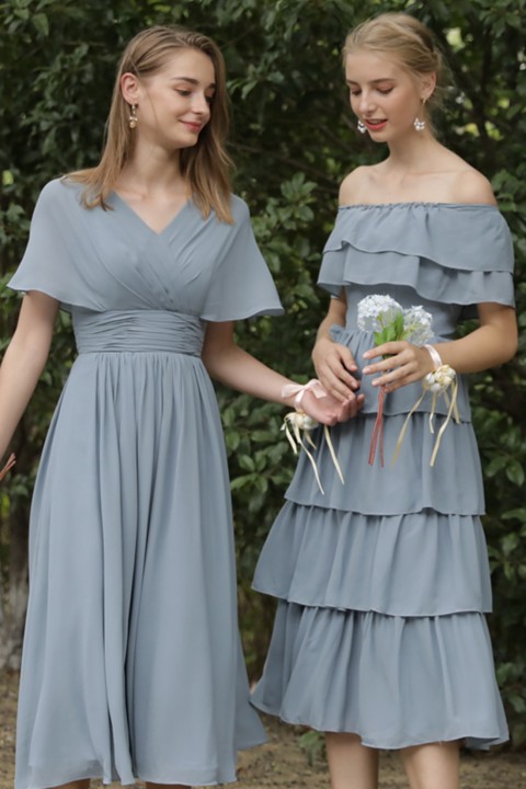 Short Sleeve V Neck Ruched Chiffon Bridesmaid Dress with Corsage Back