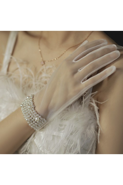 White Handmade Beads Decor Tulle Wedding Bridal Gloves