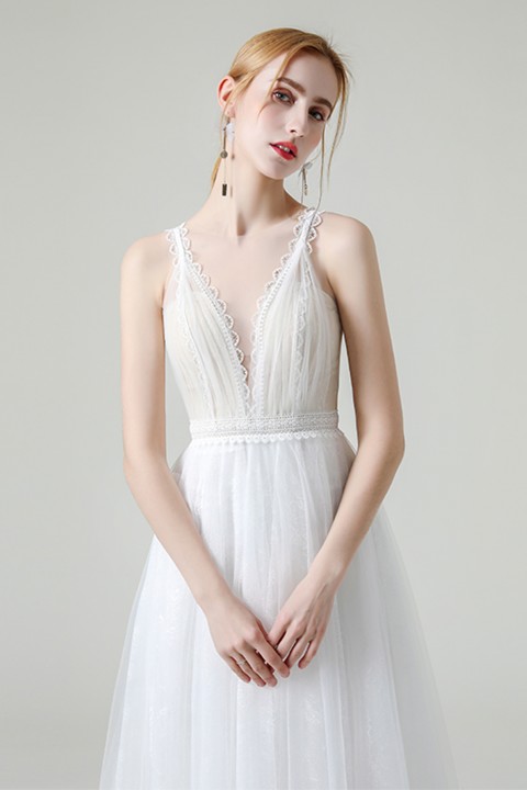 Illusion Deep V Neck & Back Lace Crochet Tulle A Line Wedding Dress