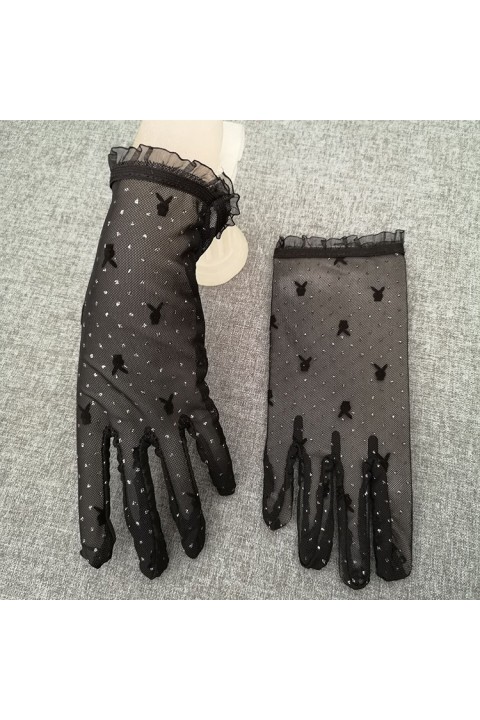 Black Vintage Sequins Decor Lace Wedding Bridal Gloves