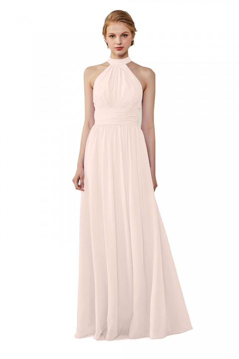 High Neck Chiffon Lace Triangle Back Halter Bridesmaid Dress