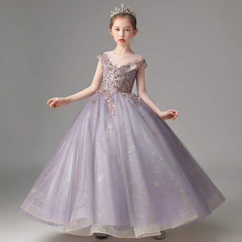 Purple Round Neck Short Sleeves Sequin & Bead Decor Shiny Star Tulle Skirt Girls Pageant Dress