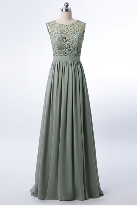 Lace Scoop Illusion Back A-Line Chiffon Bridesmaid Dress Long