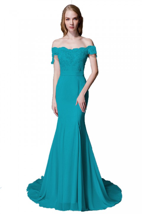 Elegant Mermaid Off Shoulder Chiffon Lace Straight Bridesmaid Dress with Train