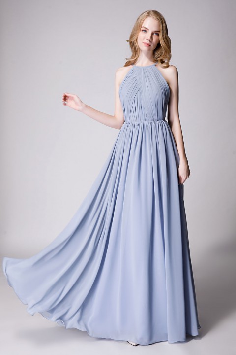 Pleated A-Line Halter Spaghetti-Straps Back Chiffon Bridesmaid Dress