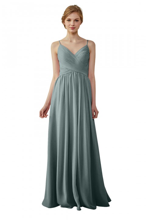 Spaghetti Straps Pleated Low V Back Bridesmaid Dress