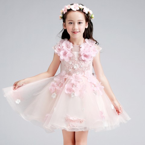 Round Neck Sleeveless Pink Flowers Shape Decor Tulle Skirt Girls Pageant Dresses
