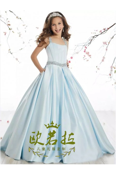 Luxury Straps Sequins Decor Satin Skirt Junior Bridesmaid Dresses